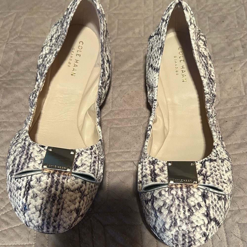 Cole Haan, python leather flats. Tali bow. Natural color. Size 9 1/2. EUC